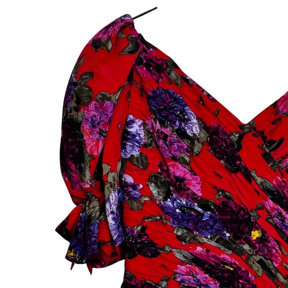 Liancarlo Ruched Cocktail Dress Womens 10 Red Floral Silk Puff Sleeve Elegant - Picture 8 of 16